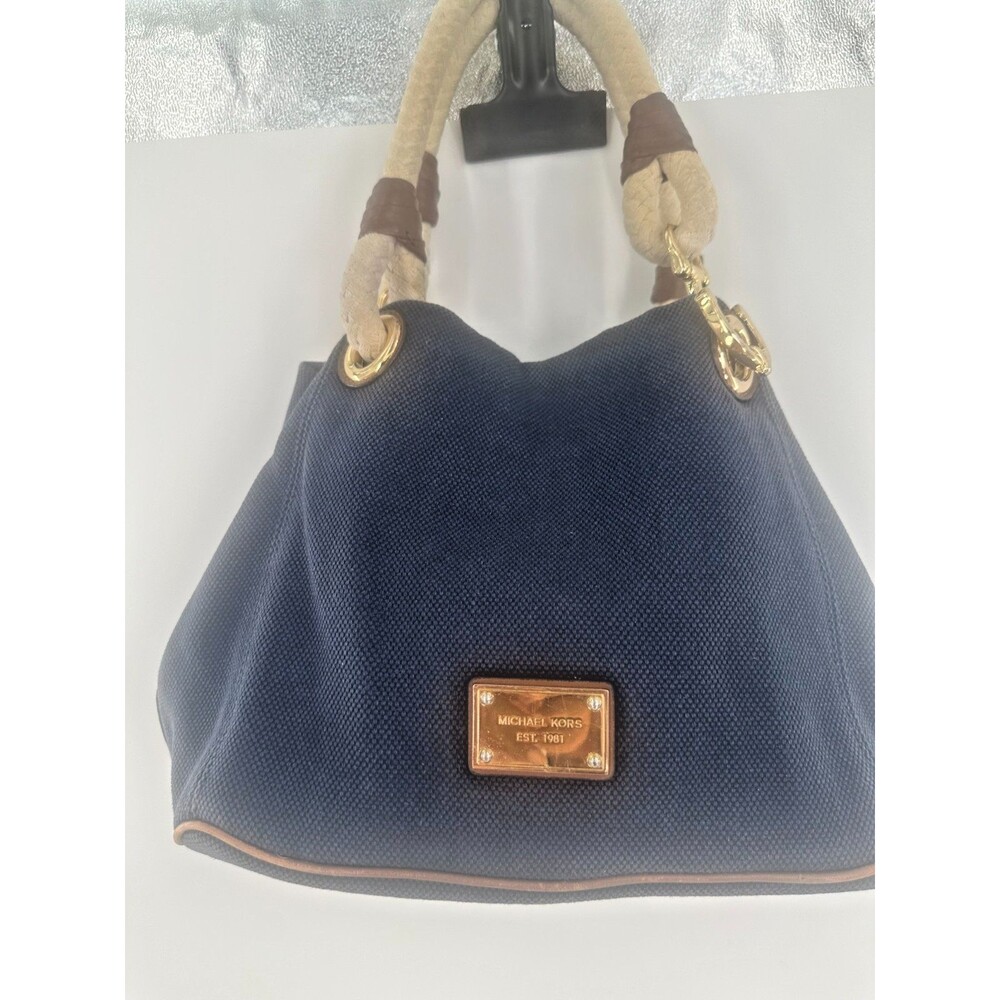 Michael Kors Isla Marina Navy Canvas Rope Shoulder Bag Tan Leather Gold Hardware